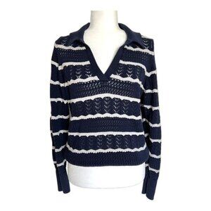 Gap Crochet Navy Blue & White V-Neck Collared Sweater